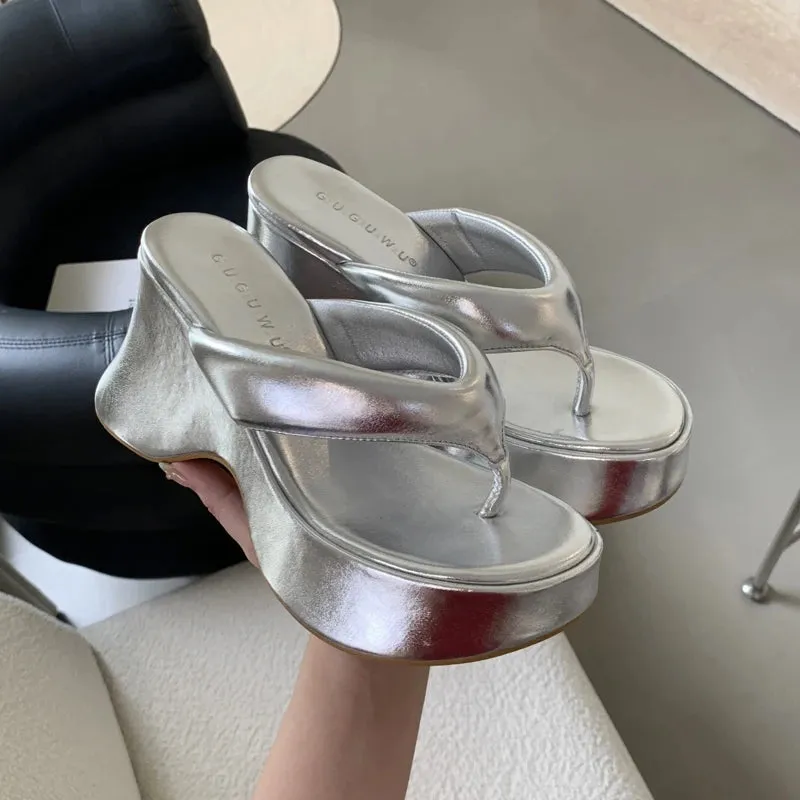 10CM High Heel Wedges Women Sandals Pink Ladies Flip-Flops Leisure Platform Summer Beach Slippers Silver Chunky Shoes 2024