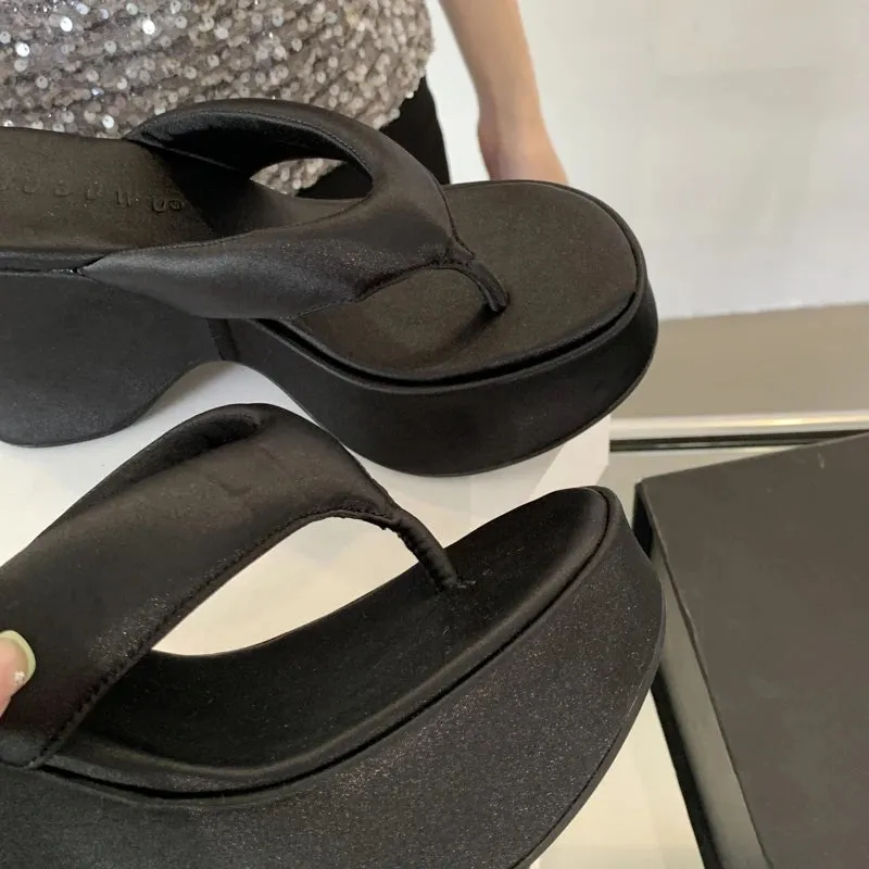 10CM High Heel Wedges Women Sandals Pink Ladies Flip-Flops Leisure Platform Summer Beach Slippers Silver Chunky Shoes 2024