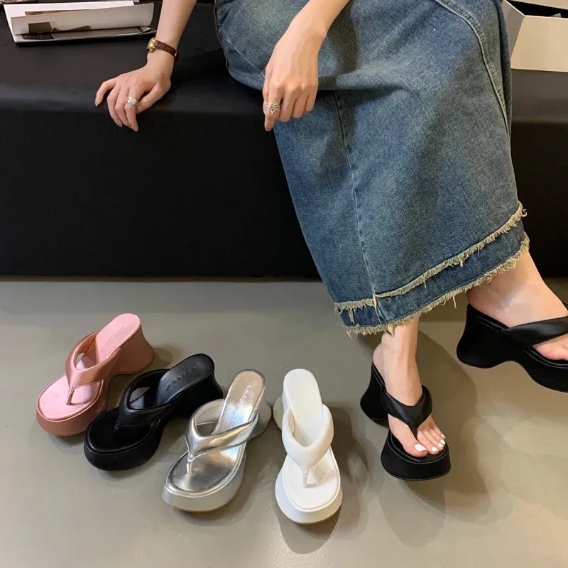10CM High Heel Wedges Women Sandals Pink Ladies Flip-Flops Leisure Platform Summer Beach Slippers Silver Chunky Shoes 2024
