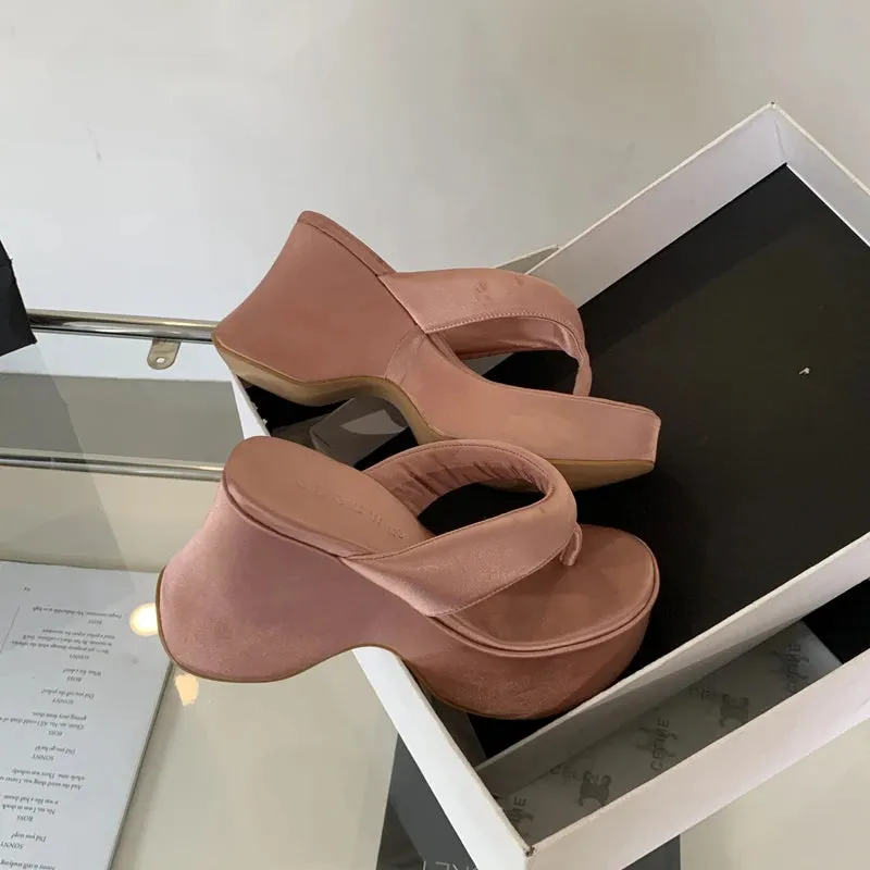 10CM High Heel Wedges Women Sandals Pink Ladies Flip-Flops Leisure Platform Summer Beach Slippers Silver Chunky Shoes 2024