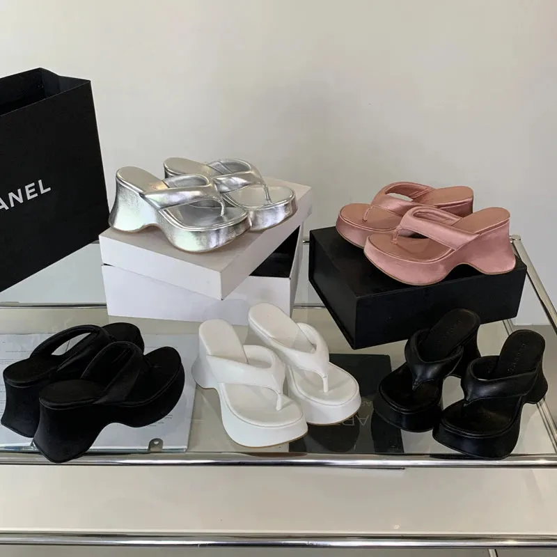 10CM High Heel Wedges Women Sandals Pink Ladies Flip-Flops Leisure Platform Summer Beach Slippers Silver Chunky Shoes 2024