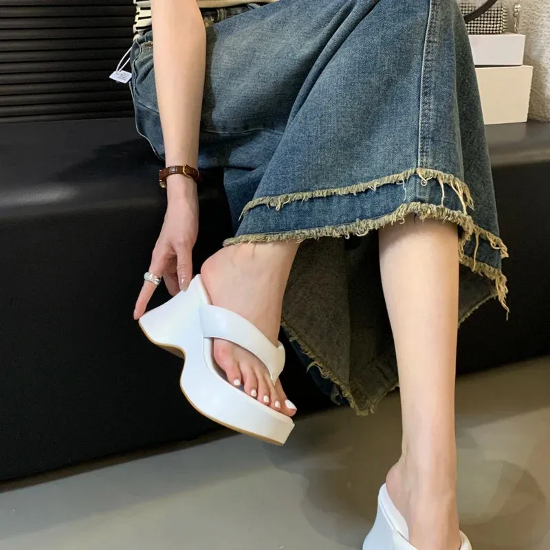 10CM High Heel Wedges Women Sandals Pink Ladies Flip-Flops Leisure Platform Summer Beach Slippers Silver Chunky Shoes 2024