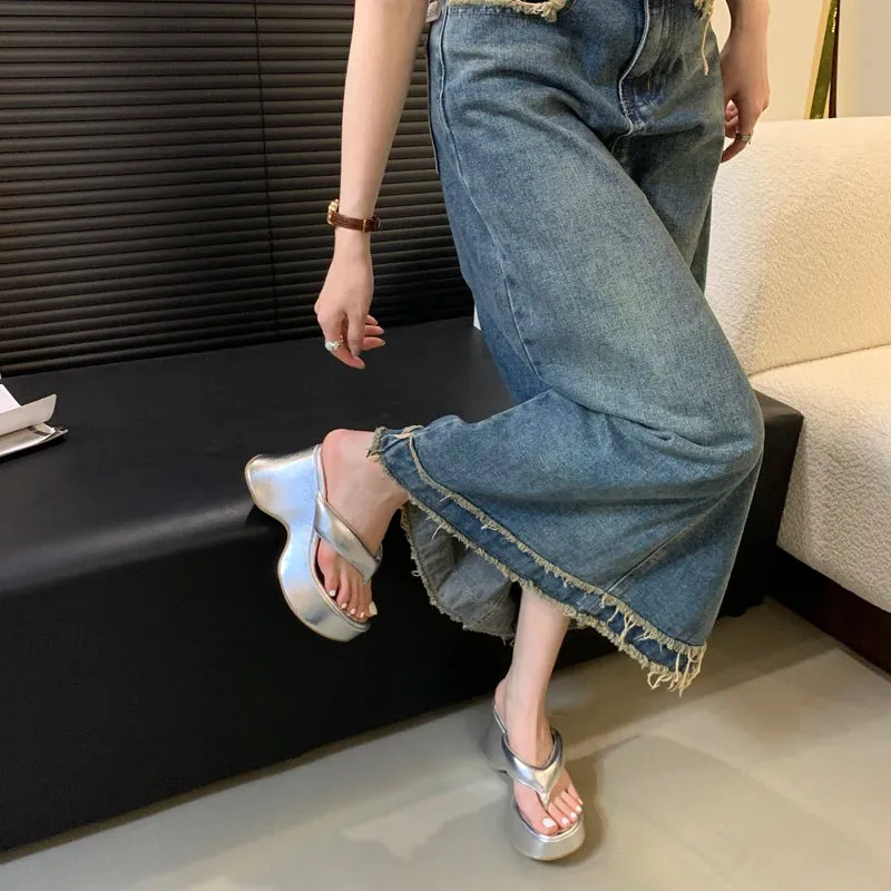 10CM High Heel Wedges Women Sandals Pink Ladies Flip-Flops Leisure Platform Summer Beach Slippers Silver Chunky Shoes 2024