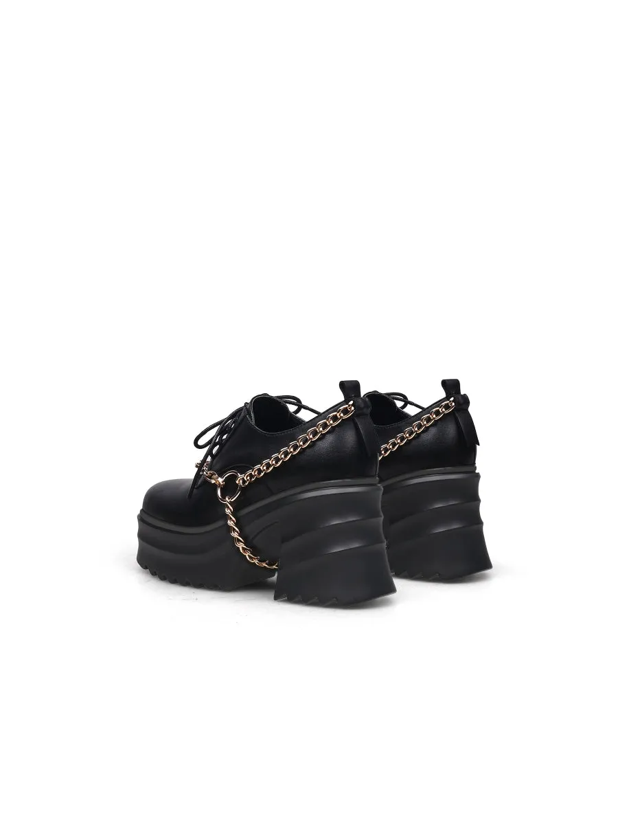 Black Leather Chain Over Chunky Heel Oxford