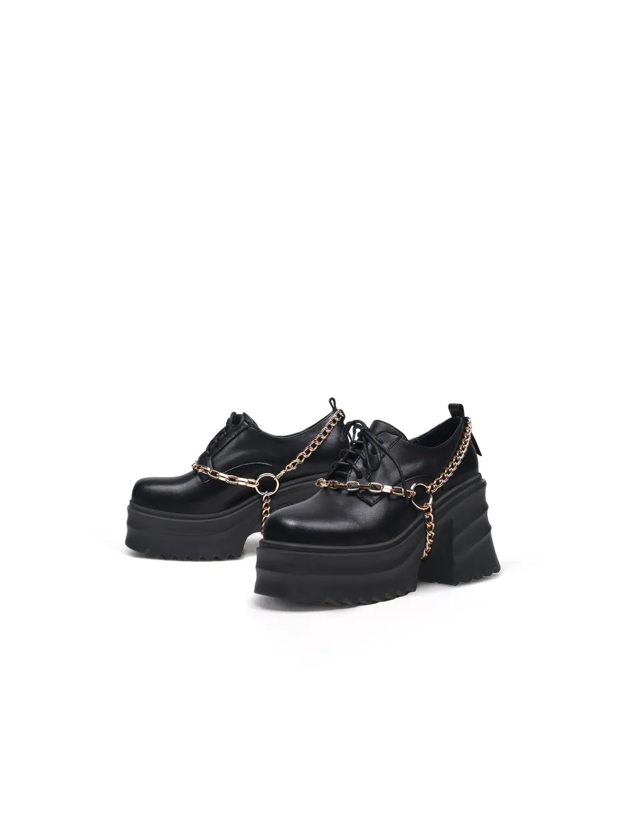 Black Leather Chain Over Chunky Heel Oxford