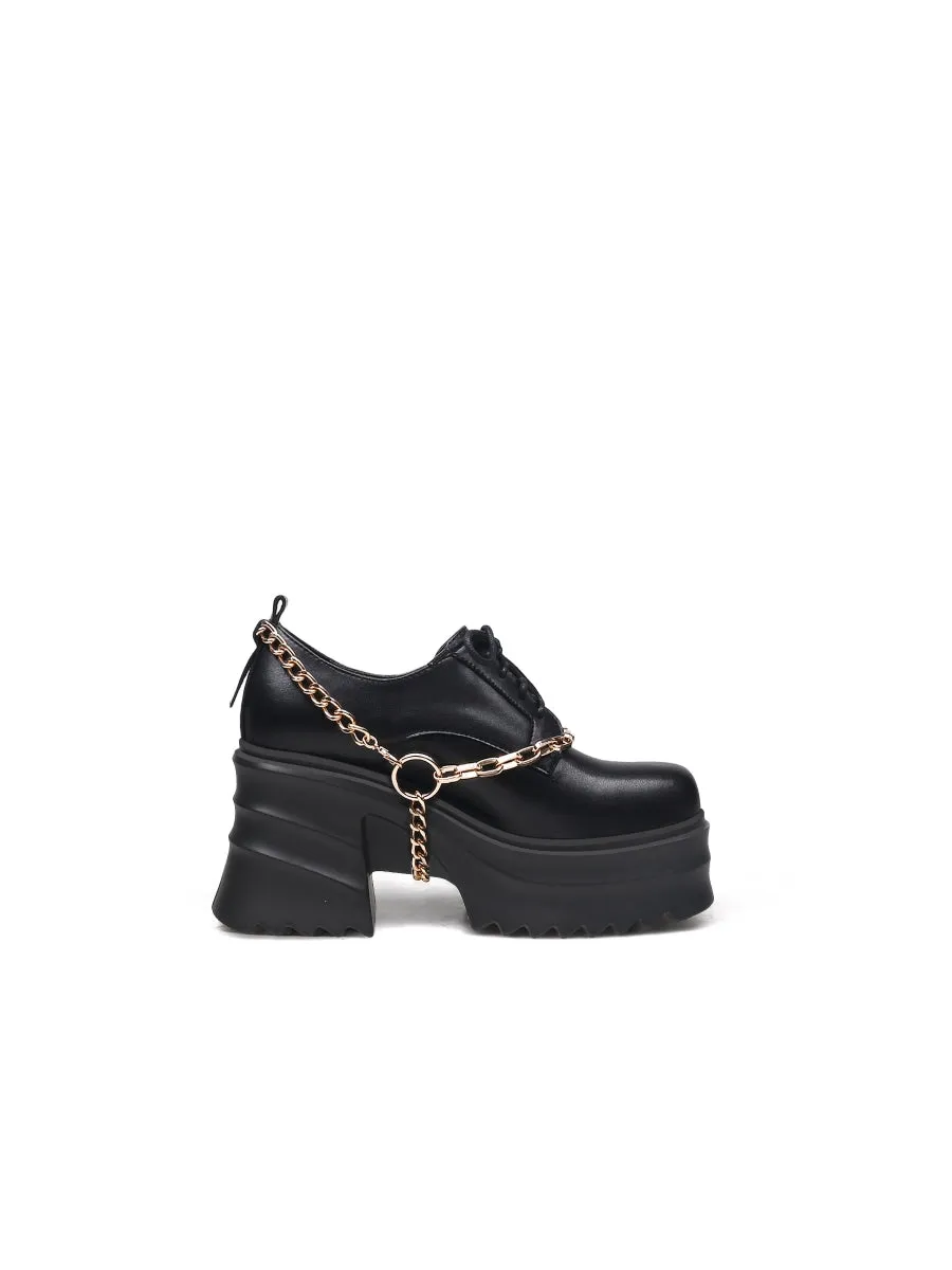 Black Leather Chain Over Chunky Heel Oxford