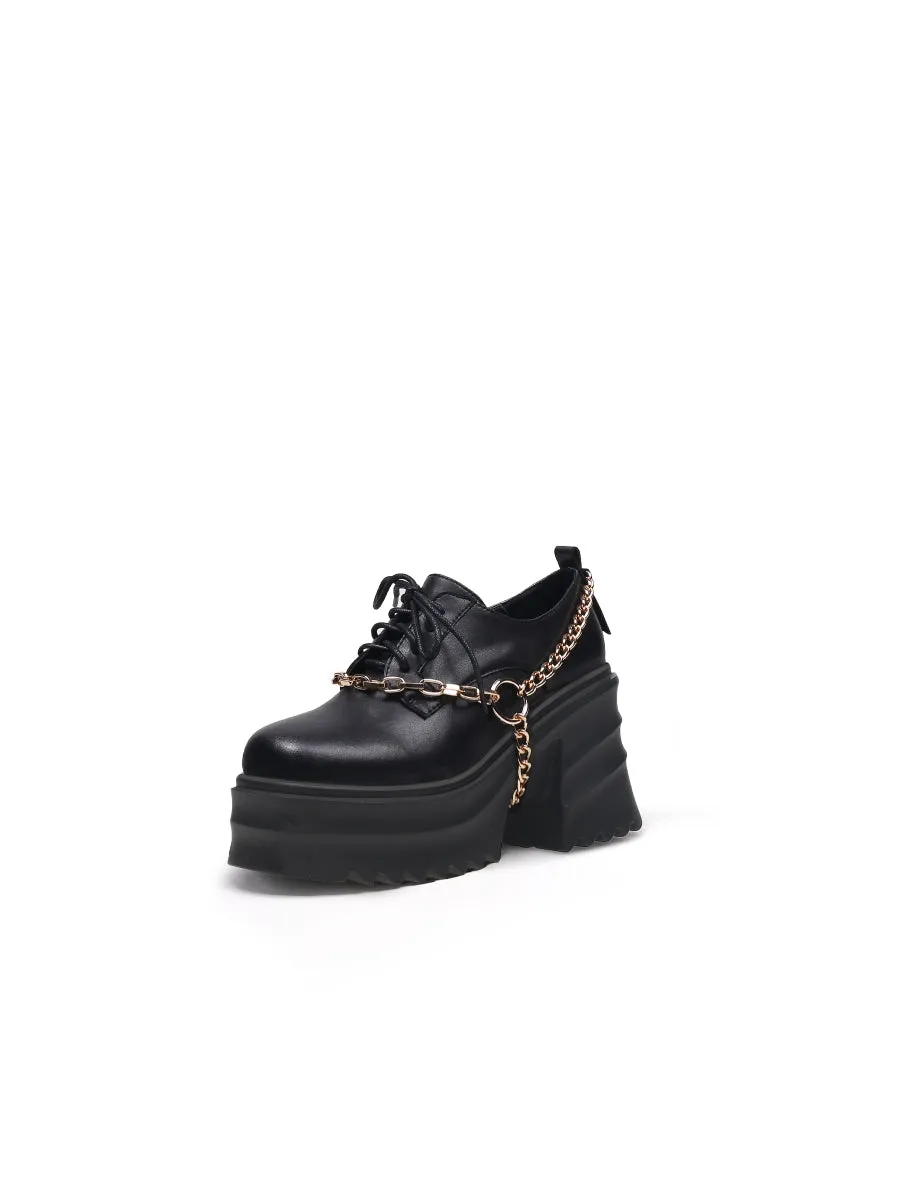 Black Leather Chain Over Chunky Heel Oxford