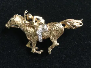 Brooch 14kt Yellow and White Gold and Diamonds and Sapphire in Race Horse and Jockey Form