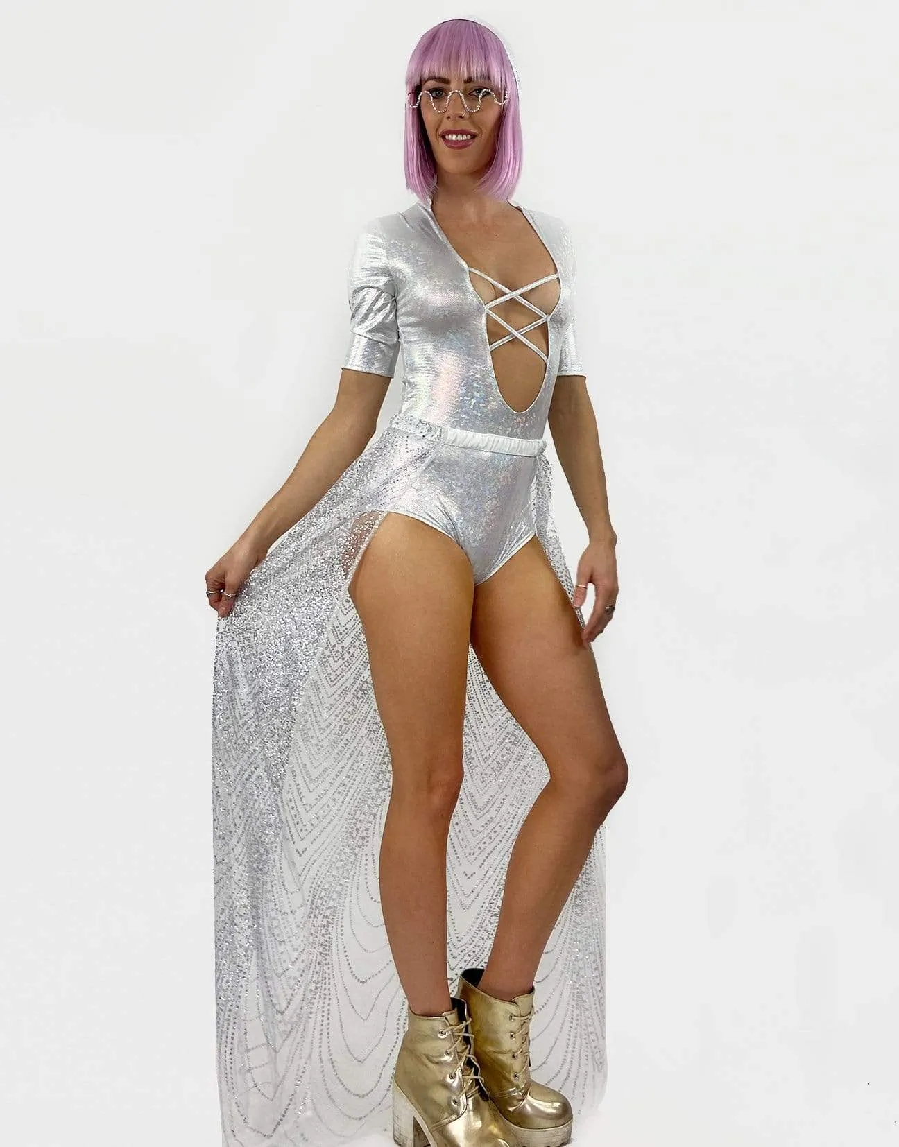 Calypso Split Skirt in Silver Seductress