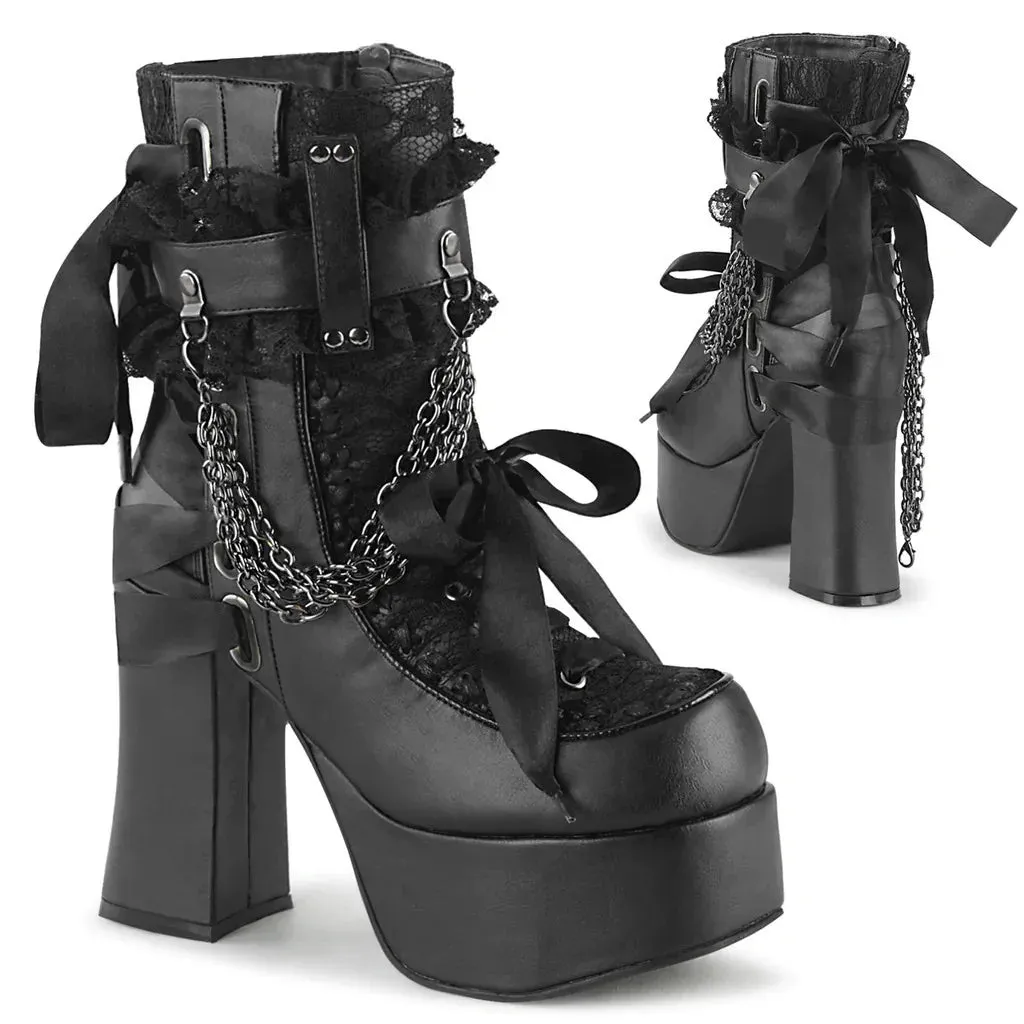 Chain Lace-Up Bow Short Boots - Retro Round Toe, Square Heel, Chunky Platform Ankle Boots for Women, Punk Gothic Style Party Shoes