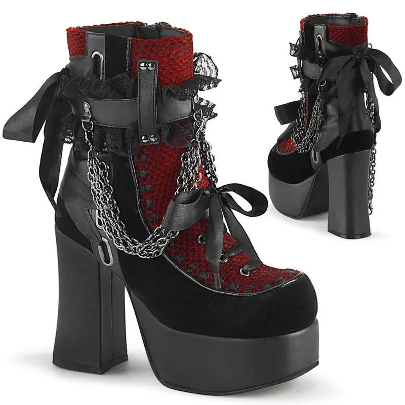 Chain Lace-Up Bow Short Boots - Retro Round Toe, Square Heel, Chunky Platform Ankle Boots for Women, Punk Gothic Style Party Shoes