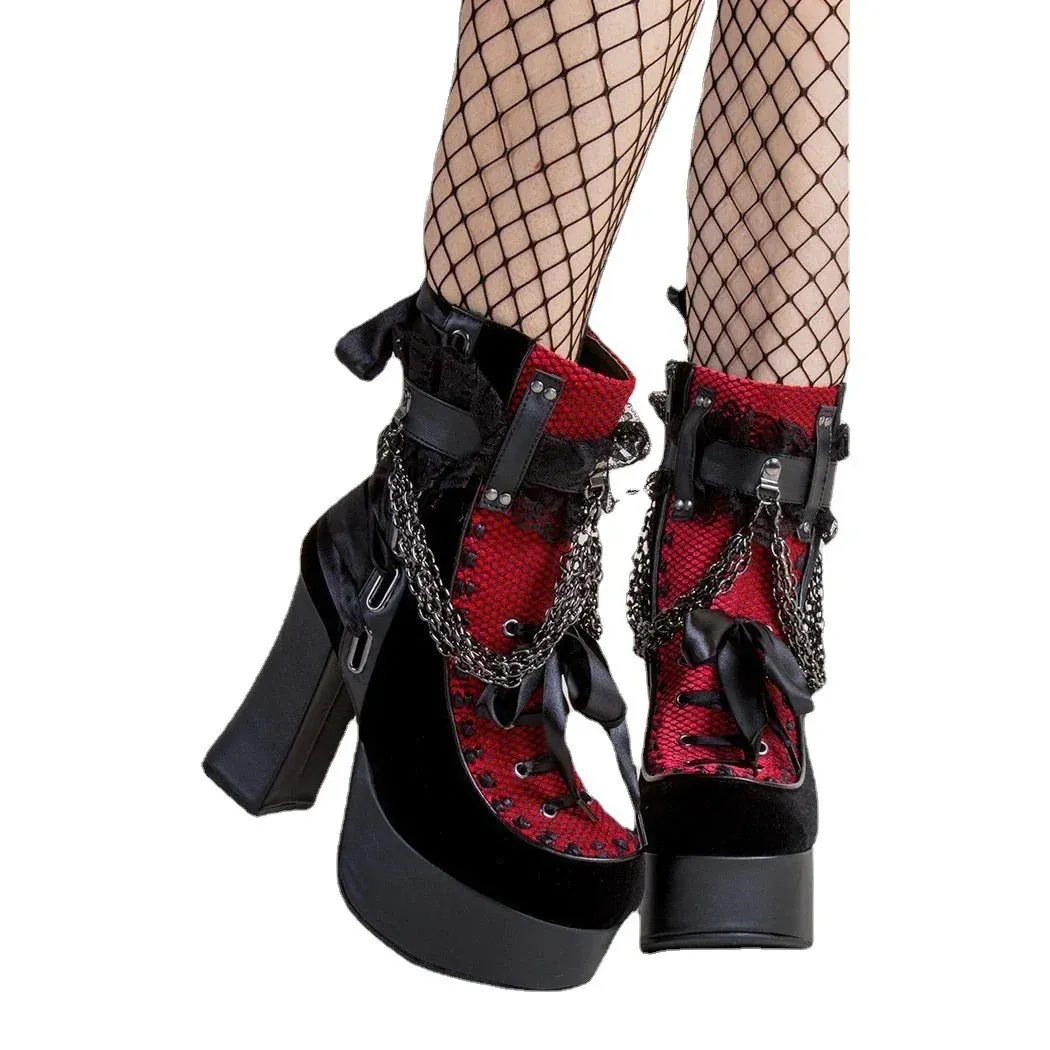 Chain Lace-Up Bow Short Boots - Retro Round Toe, Square Heel, Chunky Platform Ankle Boots for Women, Punk Gothic Style Party Shoes