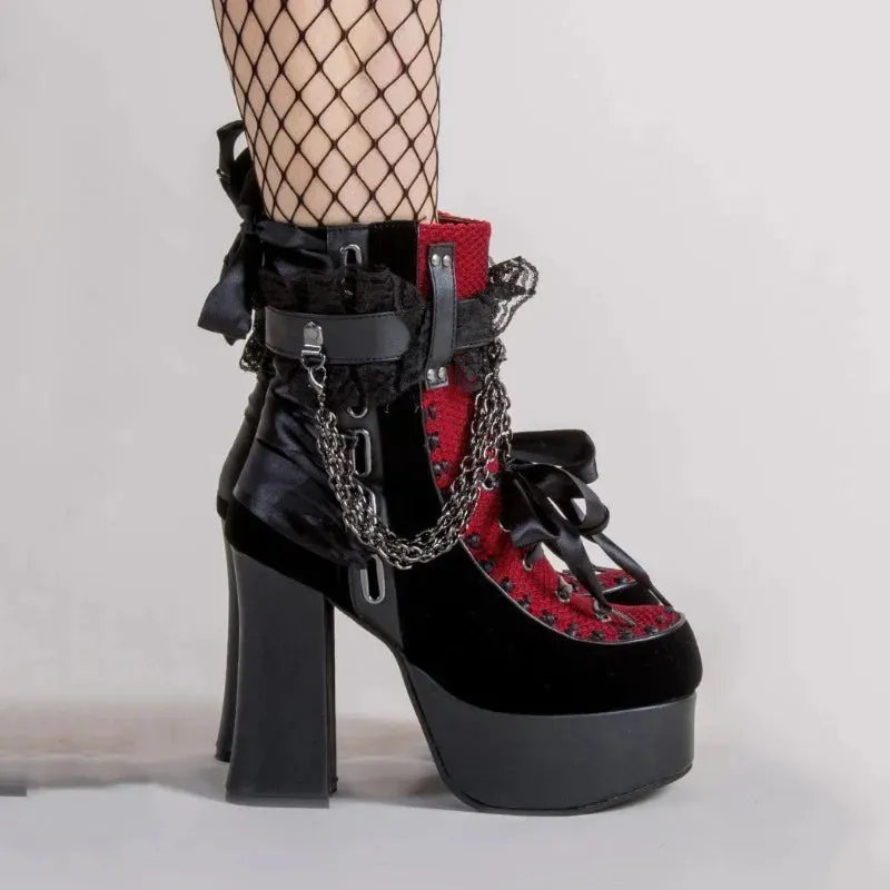 Chain Lace-Up Bow Short Boots - Retro Round Toe, Square Heel, Chunky Platform Ankle Boots for Women, Punk Gothic Style Party Shoes