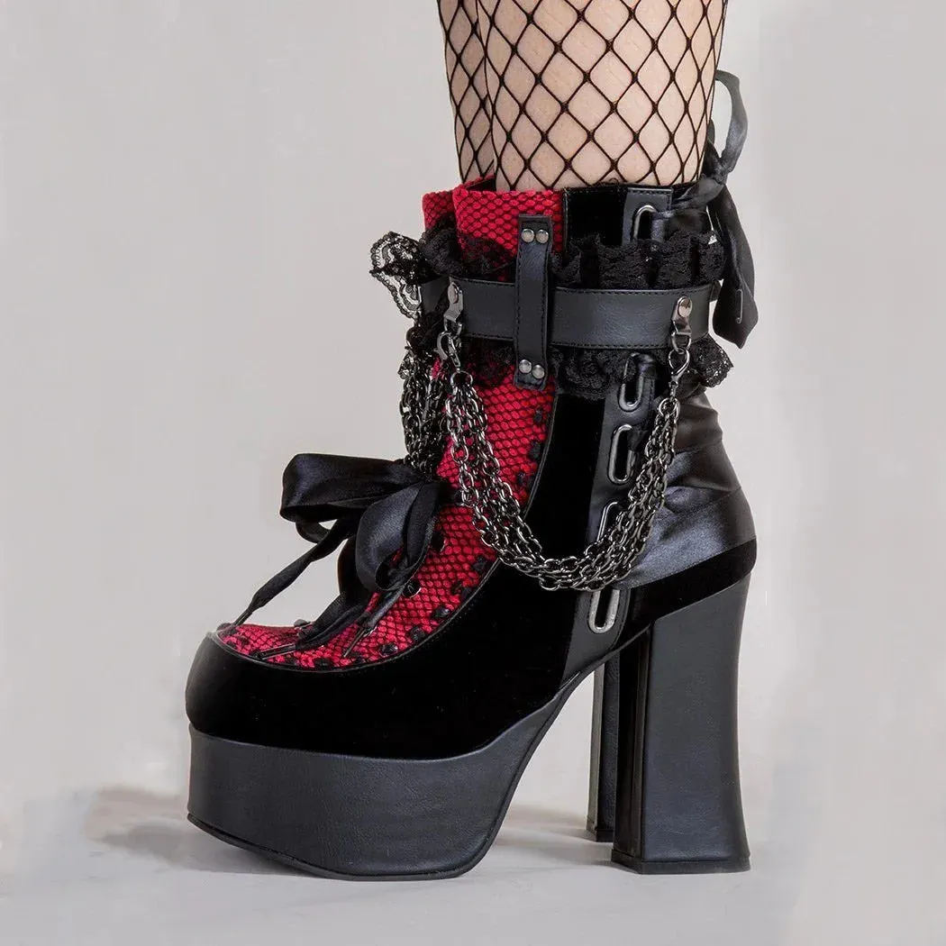 Chain Lace-Up Bow Short Boots - Retro Round Toe, Square Heel, Chunky Platform Ankle Boots for Women, Punk Gothic Style Party Shoes