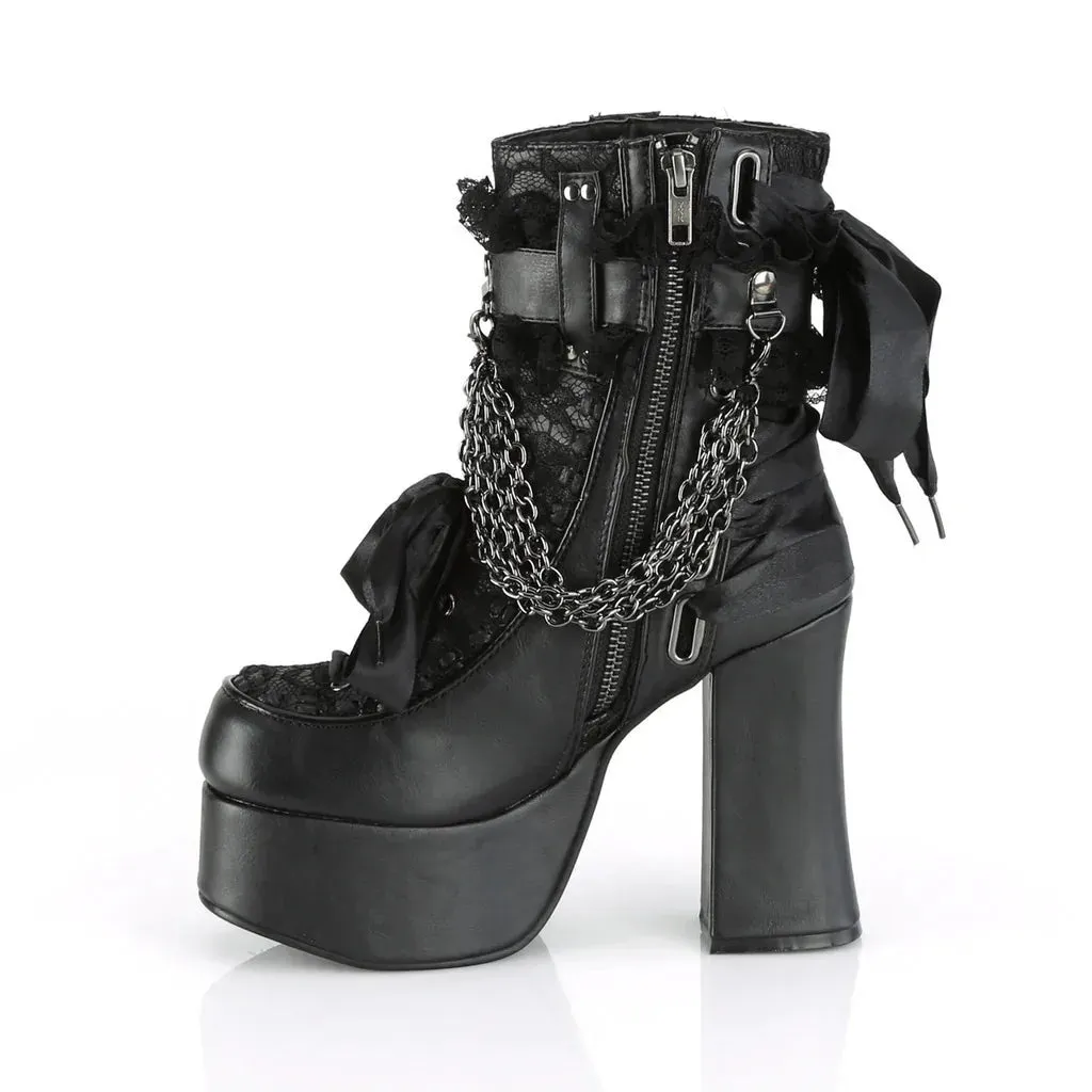Chain Lace-Up Bow Short Boots - Retro Round Toe, Square Heel, Chunky Platform Ankle Boots for Women, Punk Gothic Style Party Shoes