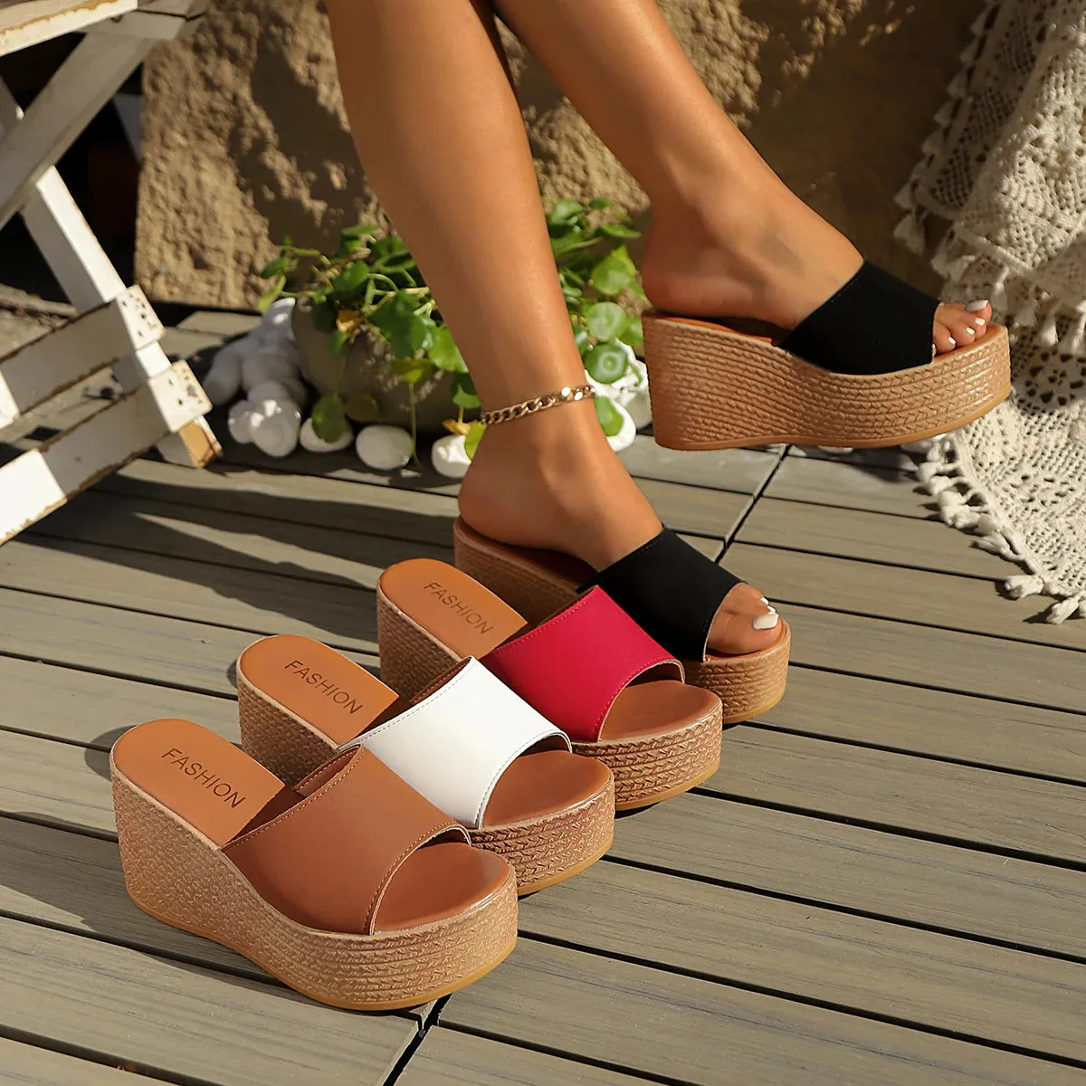 Fashion Chunky Platform Sandals Women Peep Toe Wedge Heel Slippers for Woman Summer 2025 Thick Bottom Beach Slides Plus Size 43