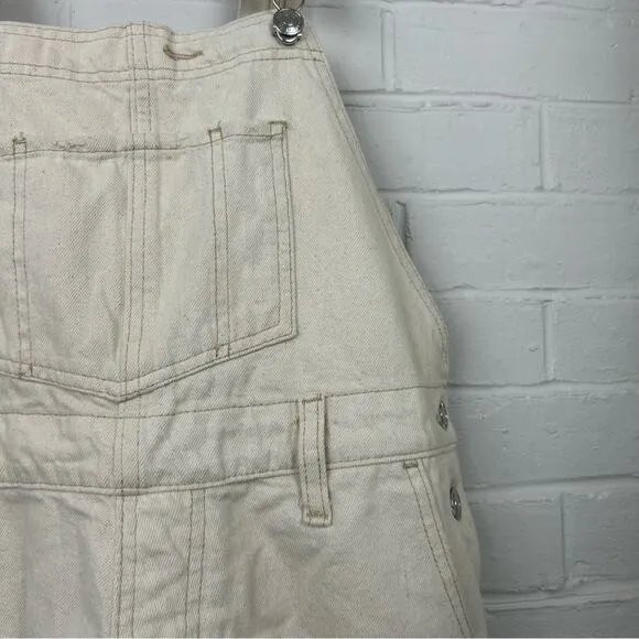 Free People We The Free Cream Distressed Denim Cutoff Short Overalls Size 25