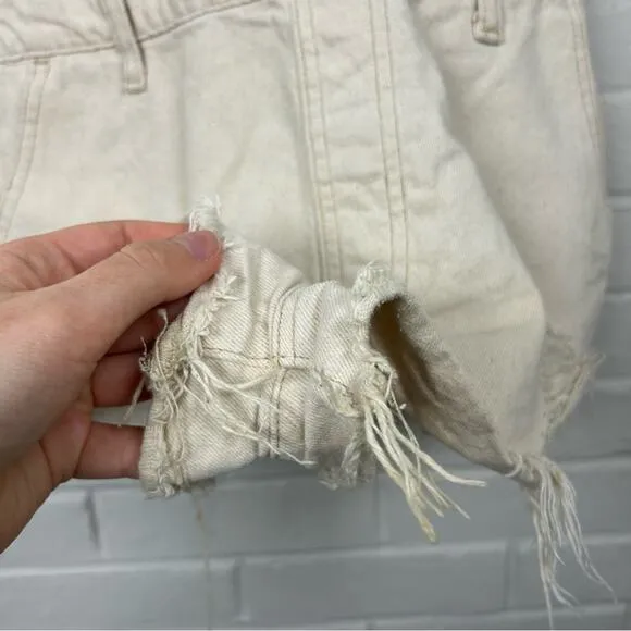 Free People We The Free Cream Distressed Denim Cutoff Short Overalls Size 25