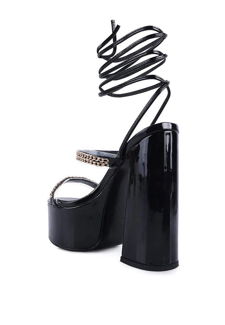 Indulgence Metal Chain Lace Up Chunky Sandals