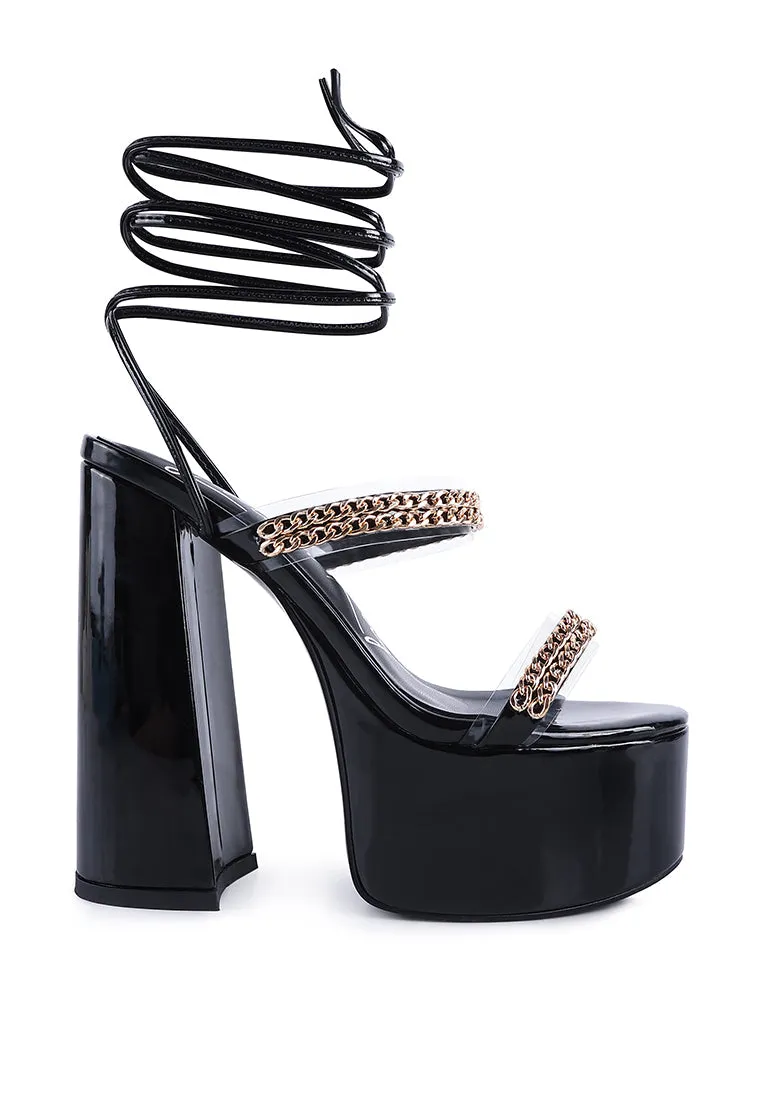 Indulgence Metal Chain Lace Up Chunky Sandals