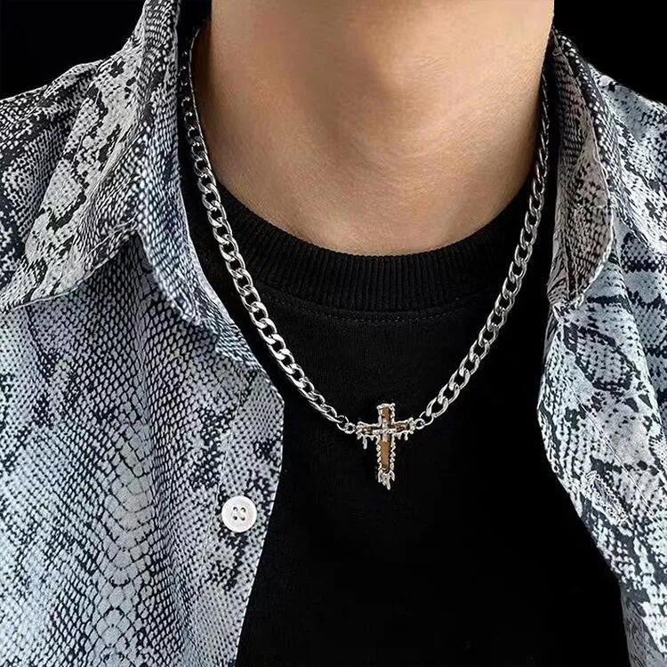 INSTOCK-glass mirror cross necklace men's