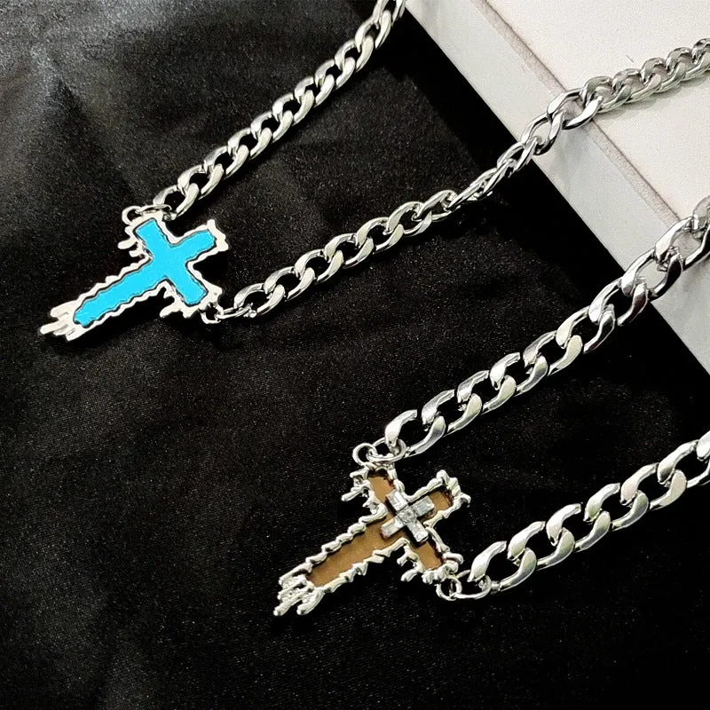 INSTOCK-glass mirror cross necklace men's