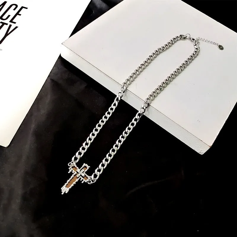 INSTOCK-glass mirror cross necklace men's