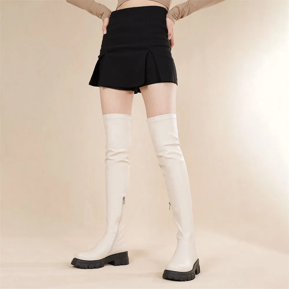 KemeKiss Elastic Thigh High Boots Big Size 37-43 Women Lug Sole Zipper Chunky Heels Overknee Boots Platform Wide 2023 Designer