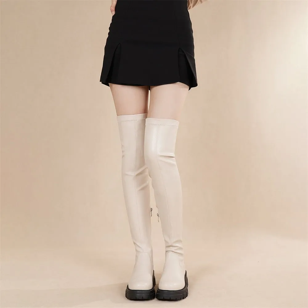 KemeKiss Elastic Thigh High Boots Big Size 37-43 Women Lug Sole Zipper Chunky Heels Overknee Boots Platform Wide 2023 Designer