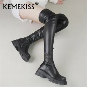 KemeKiss Elastic Thigh High Boots Big Size 37-43 Women Lug Sole Zipper Chunky Heels Overknee Boots Platform Wide 2023 Designer