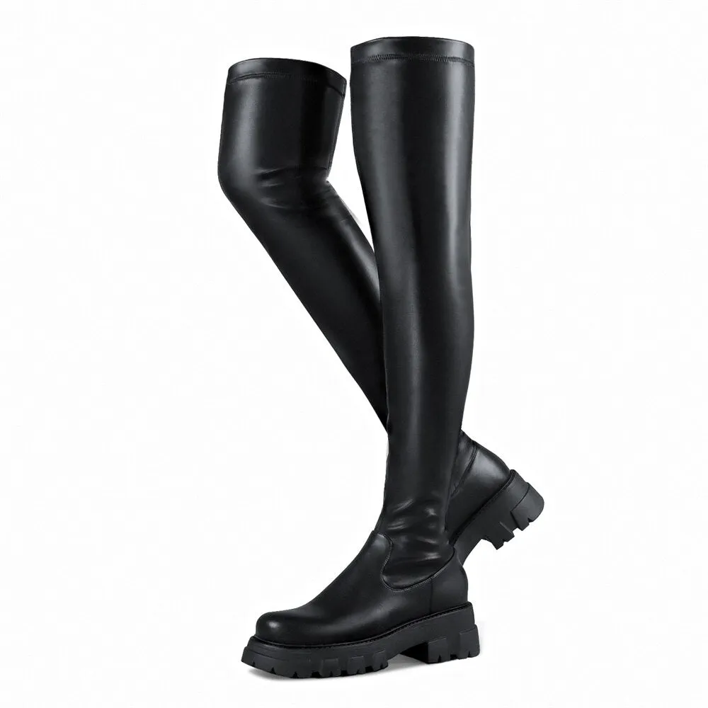 KemeKiss Elastic Thigh High Boots Big Size 37-43 Women Lug Sole Zipper Chunky Heels Overknee Boots Platform Wide 2023 Designer