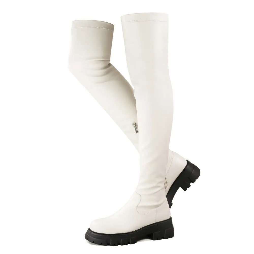 KemeKiss Elastic Thigh High Boots Big Size 37-43 Women Lug Sole Zipper Chunky Heels Overknee Boots Platform Wide 2023 Designer