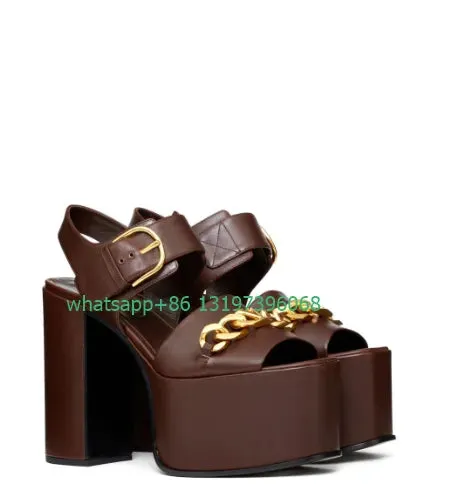 Lady gold chain buckle design platform sandals open toe party punk chunky heel dress pumps high heels brown PU sandals footwear