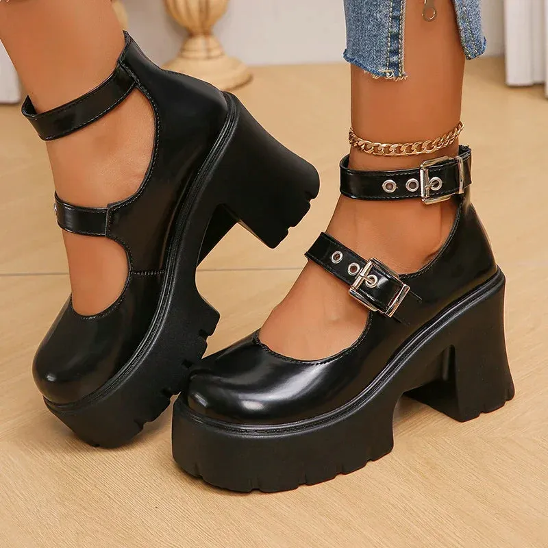 Lucyever Double Buckle Chunky Platform Pumps Women 2025 Y2K Gothic High Heels Shoes Woman Thick Heels Pu Leather Mary Jane Shoes