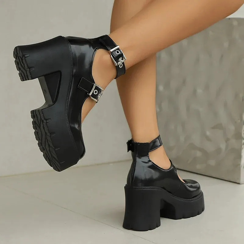 Lucyever Double Buckle Chunky Platform Pumps Women 2025 Y2K Gothic High Heels Shoes Woman Thick Heels Pu Leather Mary Jane Shoes