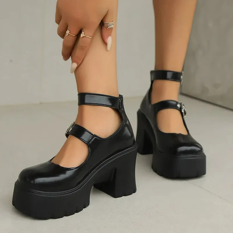 Lucyever Double Buckle Chunky Platform Pumps Women 2025 Y2K Gothic High Heels Shoes Woman Thick Heels Pu Leather Mary Jane Shoes