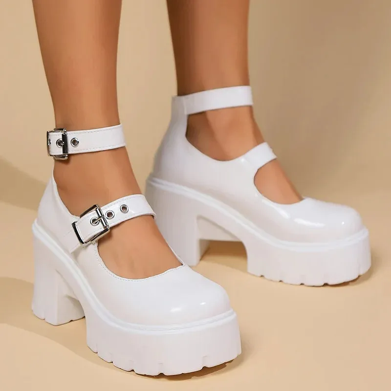 Lucyever Double Buckle Chunky Platform Pumps Women 2025 Y2K Gothic High Heels Shoes Woman Thick Heels Pu Leather Mary Jane Shoes