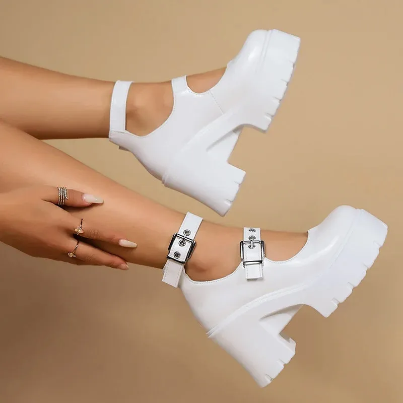 Lucyever Double Buckle Chunky Platform Pumps Women 2025 Y2K Gothic High Heels Shoes Woman Thick Heels Pu Leather Mary Jane Shoes