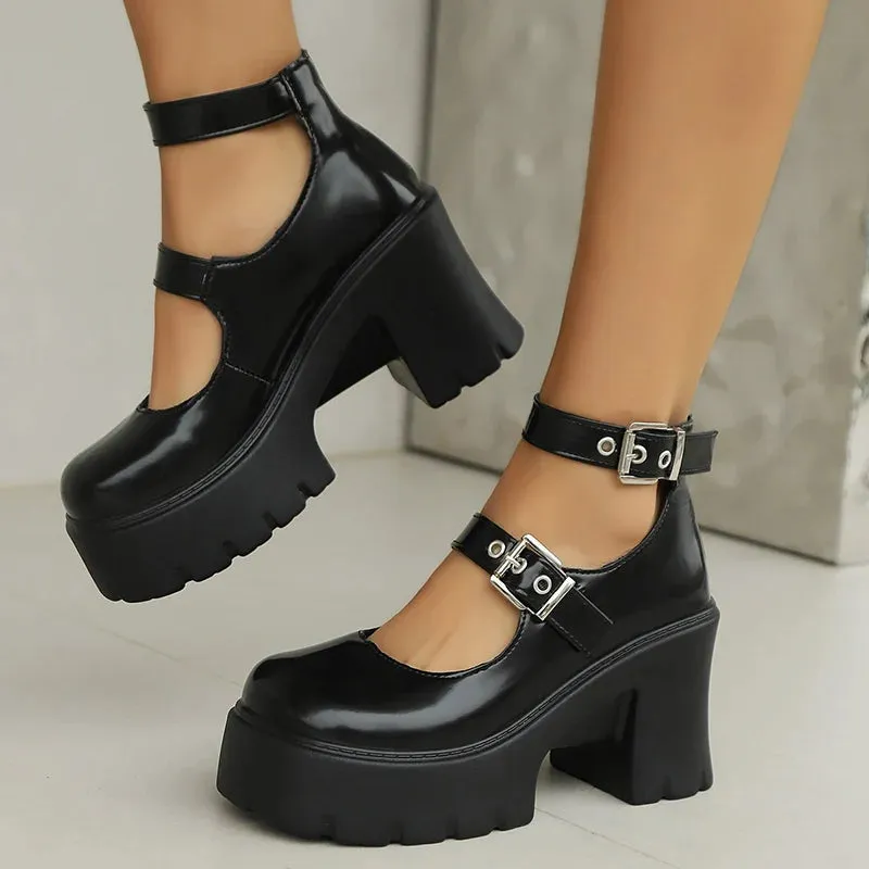 Lucyever Double Buckle Chunky Platform Pumps Women 2025 Y2K Gothic High Heels Shoes Woman Thick Heels Pu Leather Mary Jane Shoes