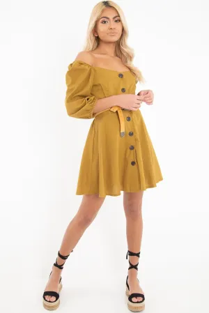 Olive Green Button Front Skater Dress - Candice