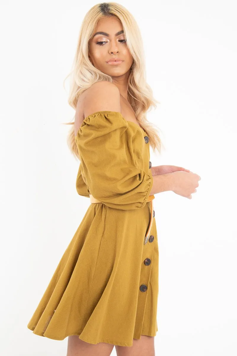 Olive Green Button Front Skater Dress - Candice