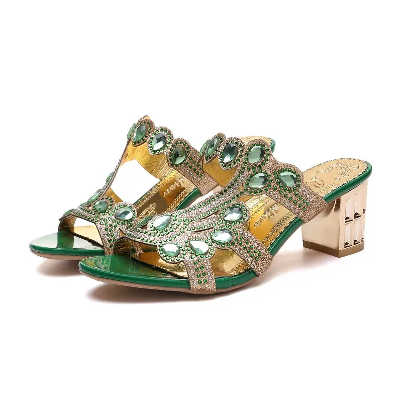 Rhinestone Slippers Ladies Chunky Heels Hollow Casual Slippers Fashion Beach Shoes Woman