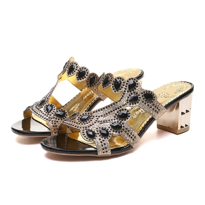 Rhinestone Slippers Ladies Chunky Heels Hollow Casual Slippers Fashion Beach Shoes Woman