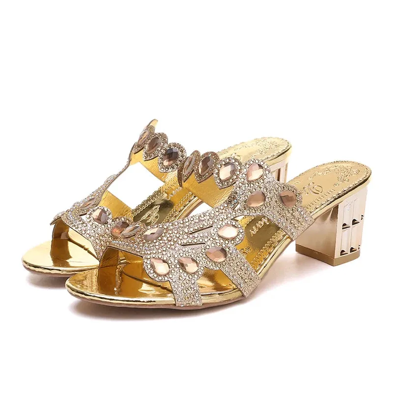Rhinestone Slippers Ladies Chunky Heels Hollow Casual Slippers Fashion Beach Shoes Woman
