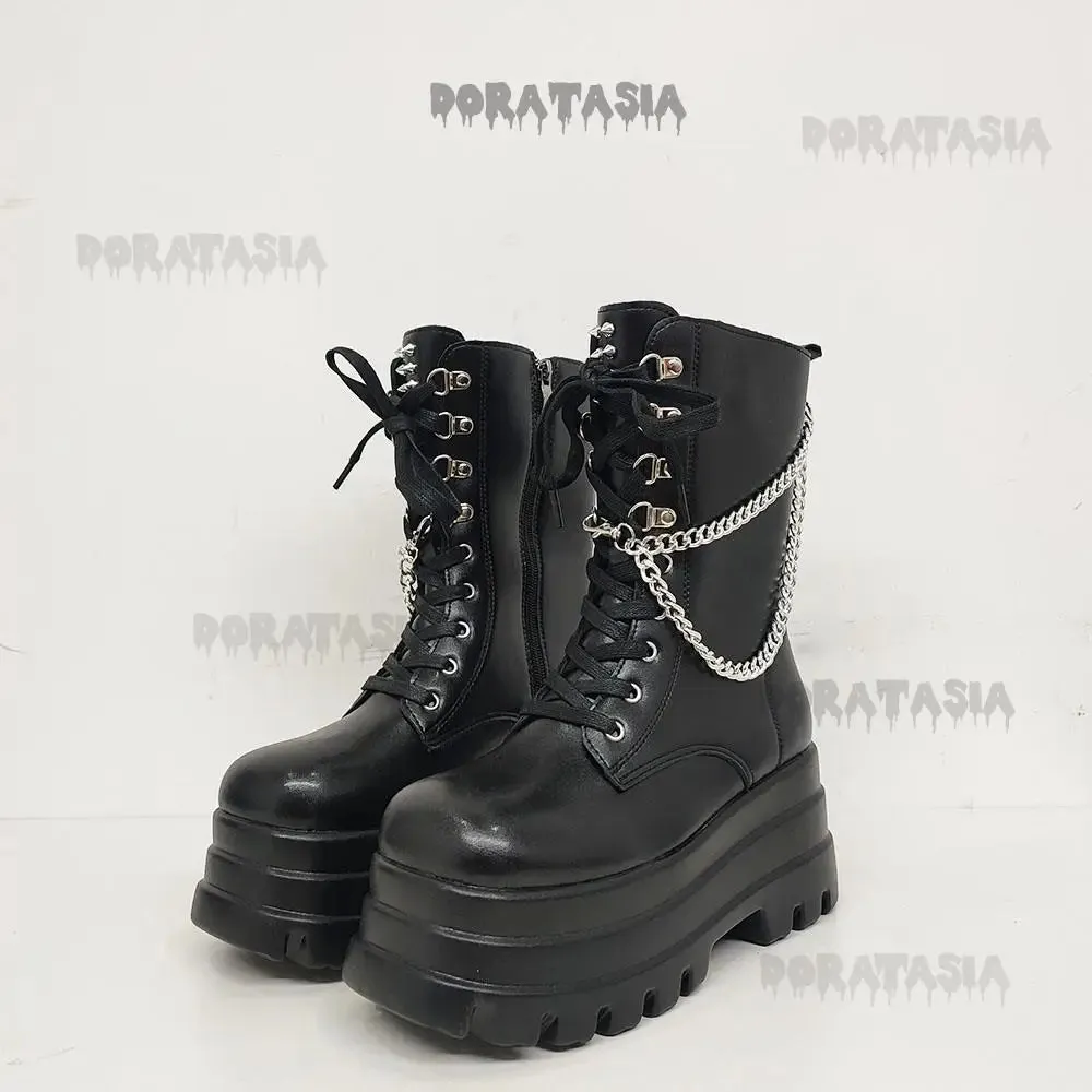 Sexy Gothic Black Boots for Women with High-Quality Leather, Chunky Heel, and Chain Detail