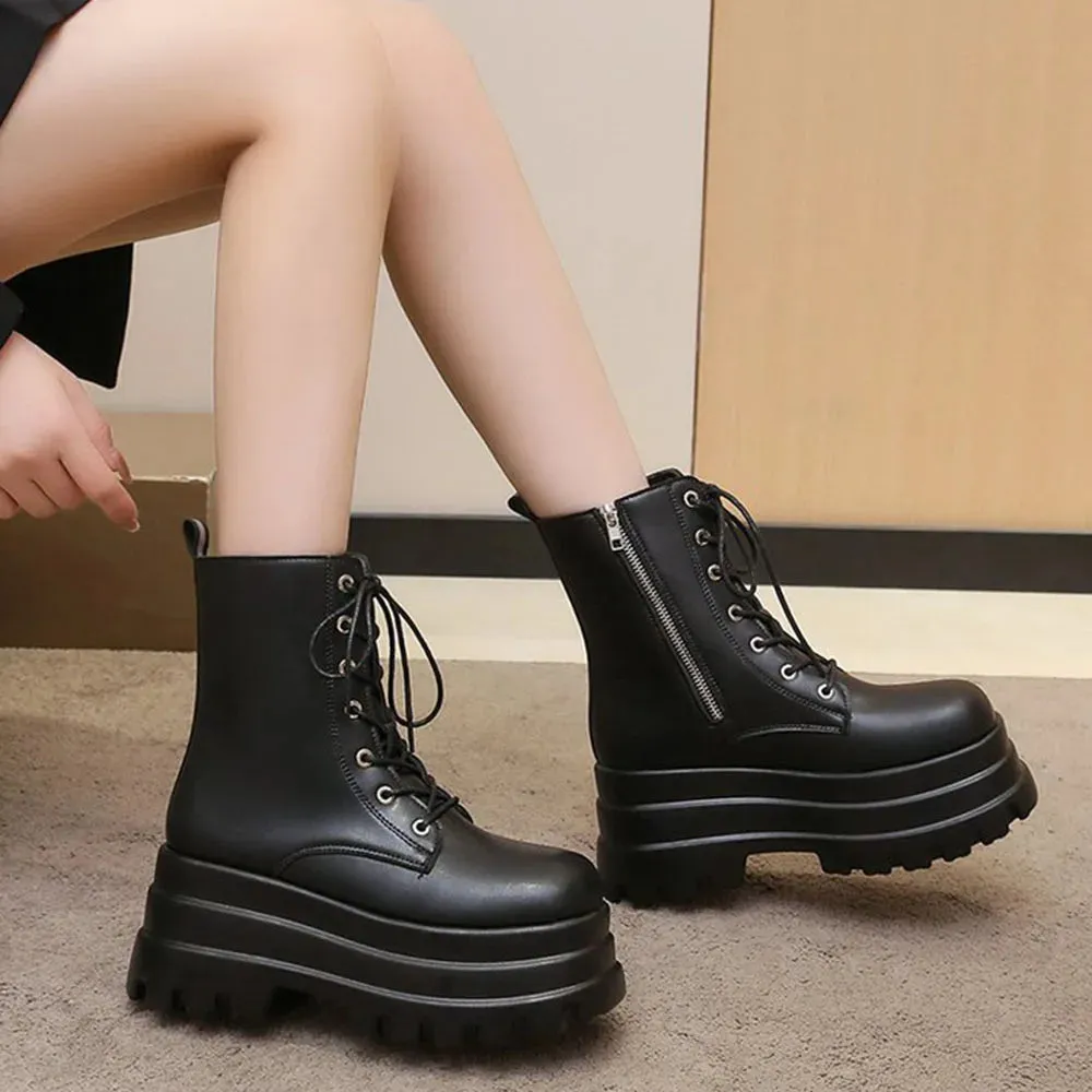 Sexy Gothic Black Boots for Women with High-Quality Leather, Chunky Heel, and Chain Detail