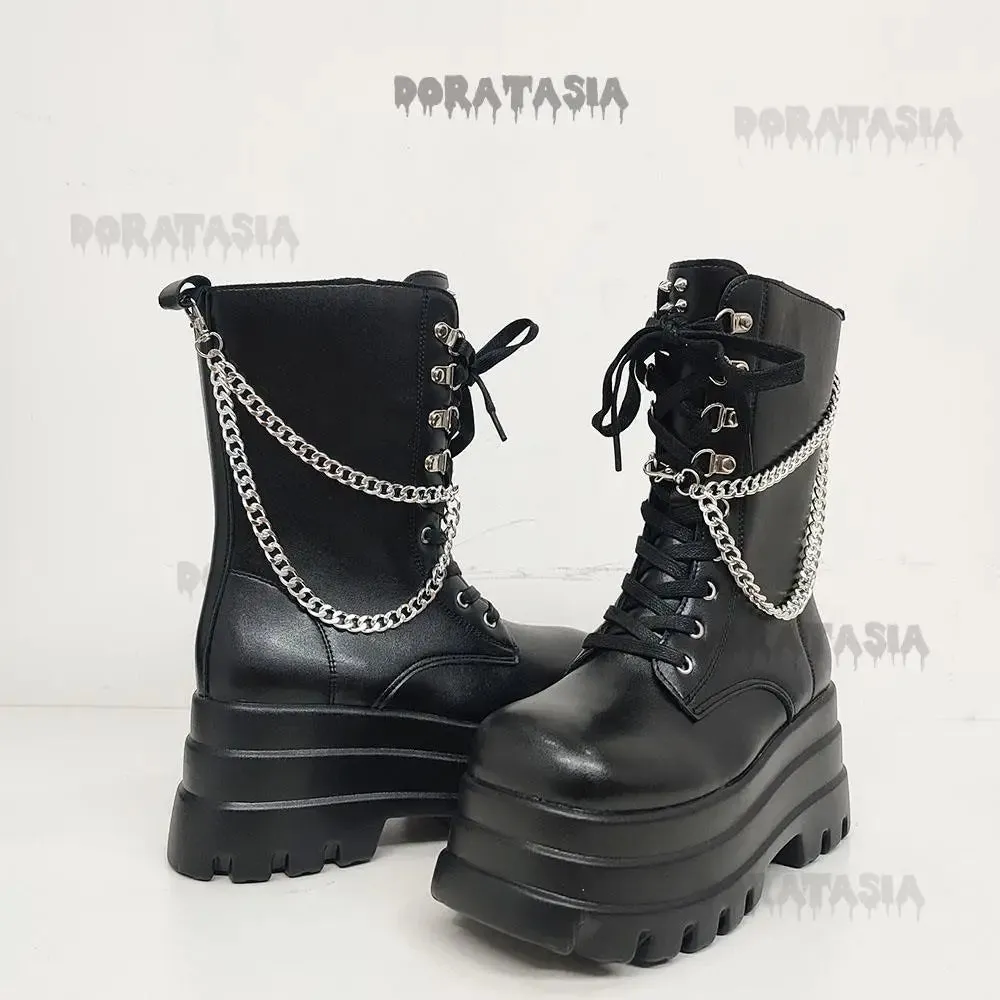Sexy Gothic Black Boots for Women with High-Quality Leather, Chunky Heel, and Chain Detail