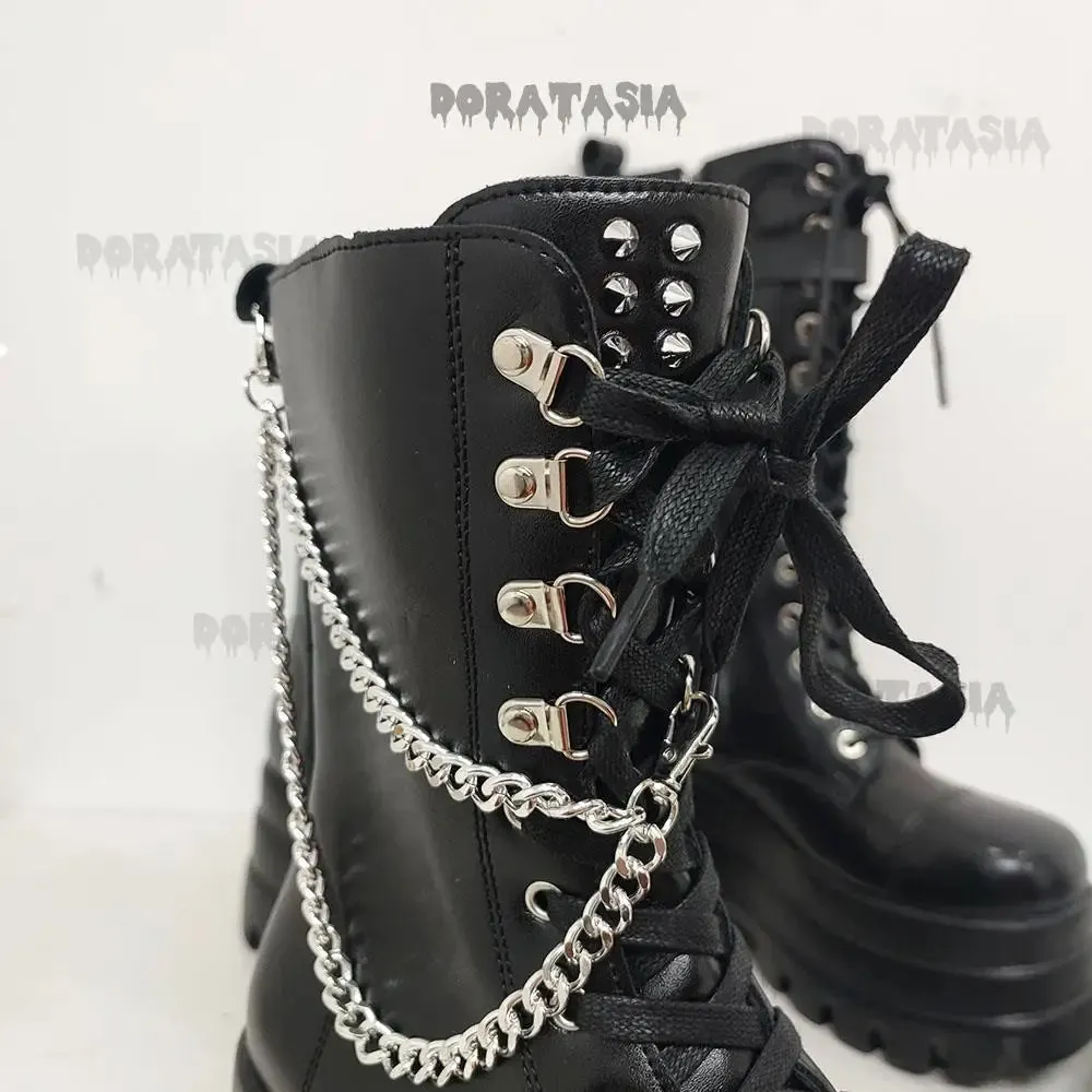 Sexy Gothic Black Boots for Women with High-Quality Leather, Chunky Heel, and Chain Detail