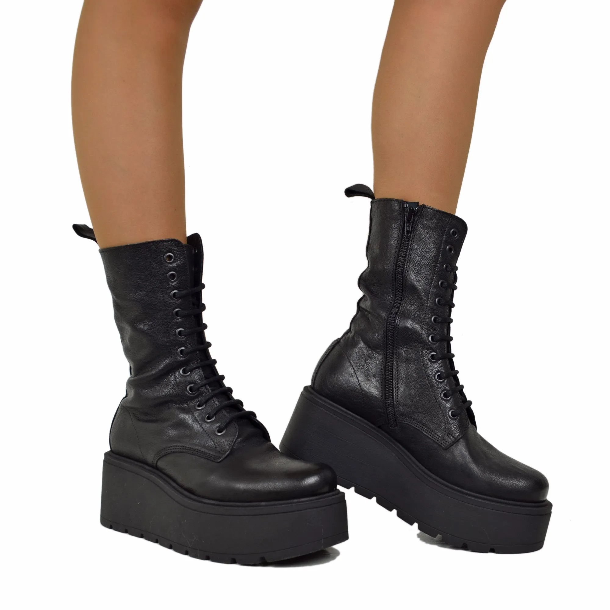 Stivaletti Platform di 7 cm Vera Pelle Morbidi Chunky MIDI Boots Neri