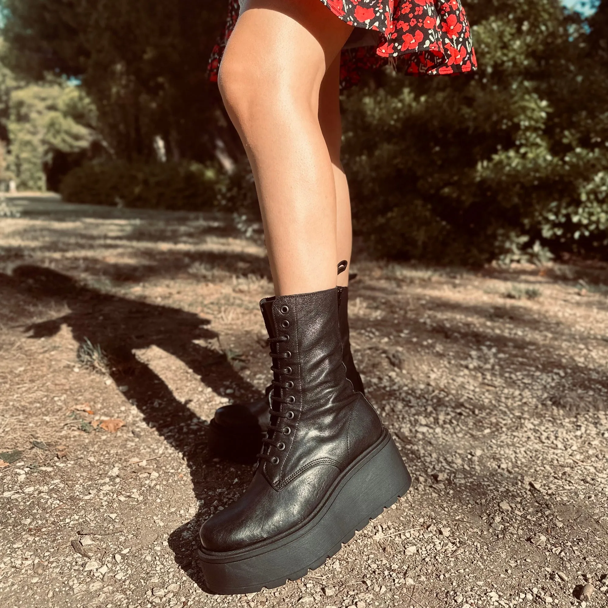 Stivaletti Platform di 7 cm Vera Pelle Morbidi Chunky MIDI Boots Neri